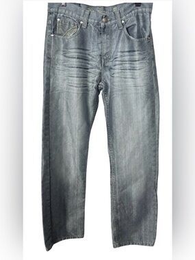 Old Skool Men's Faded Silver Blue Jeans Size 30 Straight Leg Y2K Denim Pants